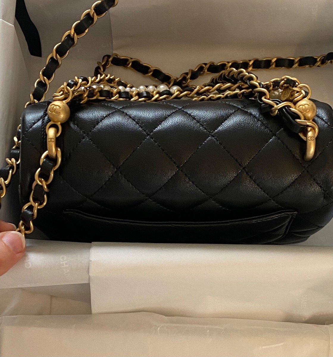 Chanel Black Square Mini Flap Bag Top Handle Pearl Chain