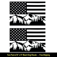 American Flag Mountain Forest Two 6" x 4" Black Vinyl Decals Car Truck Windows