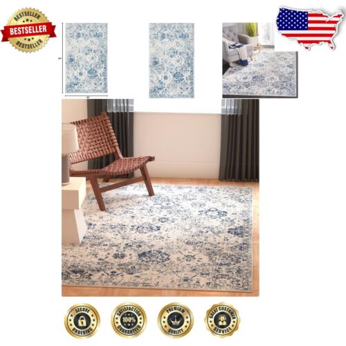 Sophisticated White & Royal Blue Distressed Rug - 3' x 5', Ideal for Living Room