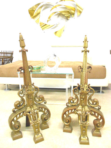 TALL ANTIQUE HOLLYWOOD REGENCY ANDIRONS NOUVEAU DRAPER ERA OLD BRONZE FLORENTINE