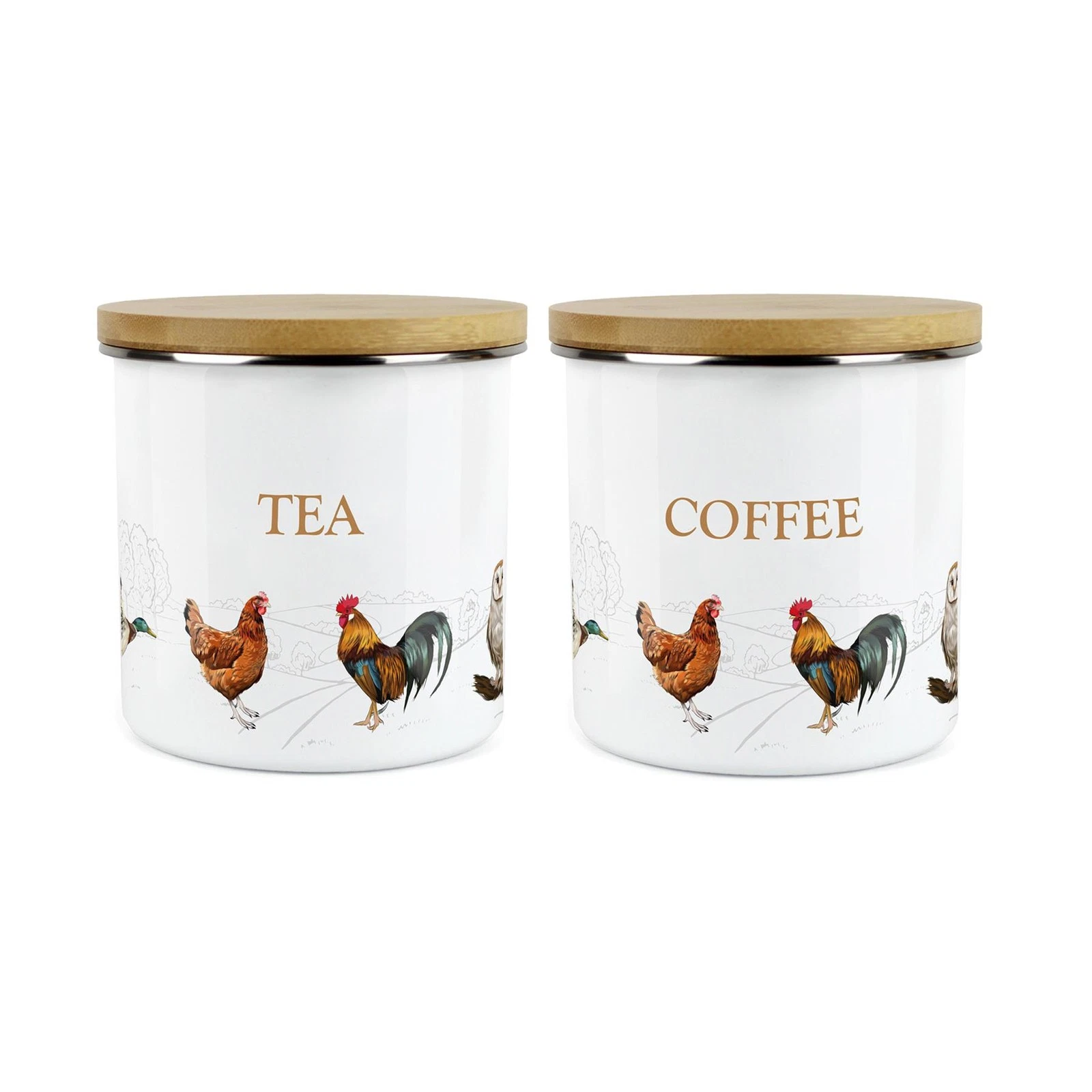 Tea & Coffee Canisters - 2x Country Farm Animal Airtight Kitchen Storage Jar