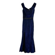 Sparkle Dress Womens 2 Navy Blue Glitter Formal Gown Beaded Waist Slit