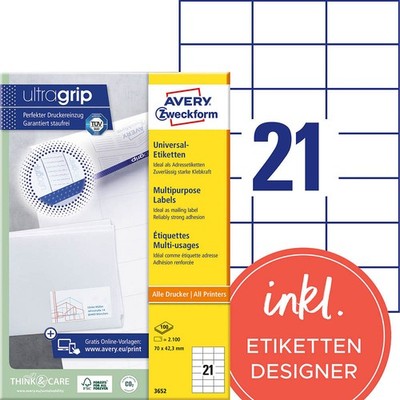 AVERY Zweckform Etiketten 3652 weiß 70,0 x 42,3 mm, 100 Blatt