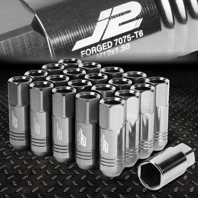 J2 ENGINEERING 7075 ALUMINUM M12X1.5 20PCS 60MM OPEN-END LUG NUTS+ADAPTER SILVER