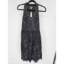 Ann Taylor Dress Size 2 Linen Black White Floral A-Line Embroidered Lined Cruise