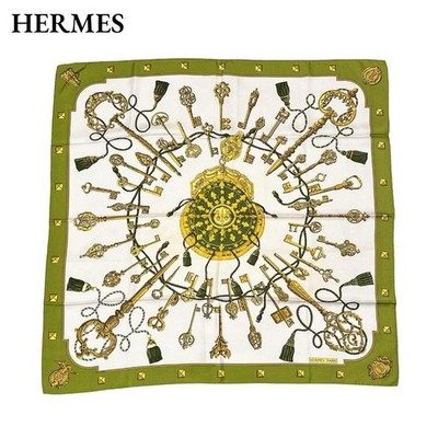 HERMES Carre 90 Silk Scarf LES CLES Green Cream Women Auth
