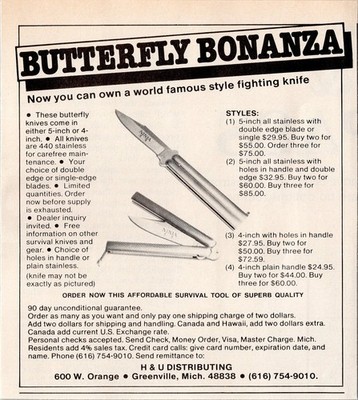 H & U DISTRIBUTING Butterfly Bonanza NINJA Knife Vintage 80s Magazine Ad