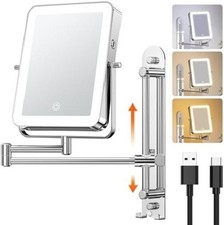  Height Adjustable Wall Mounted Lighted Makeup Mirror with Hooks