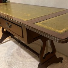 Vintage Mahogany Drop Leaf Sofa Library Coffee Table with Green Leather Top