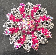 Red AB Rhinestone Flower Brooch Pin Pendant Starburst Silver Tone 2in 1960s MCM