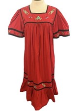 VTG CABERNET Womens Small Red Embroidered Frogs Bugs Bell Sleeves Dress