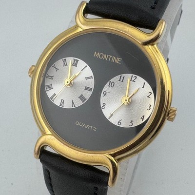 Vtg Montine Quartz Swiss Goldtone/Black Leather Dual Time Women\'s Watch Montine Dual Time Round Gold Tone Case Black Leather Band  main image 4