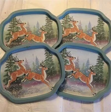 Vtg Xmas Reindeer JSNY Tray Lot 4 Tin Metal Snack Cookie Leaping DEER Set MCM