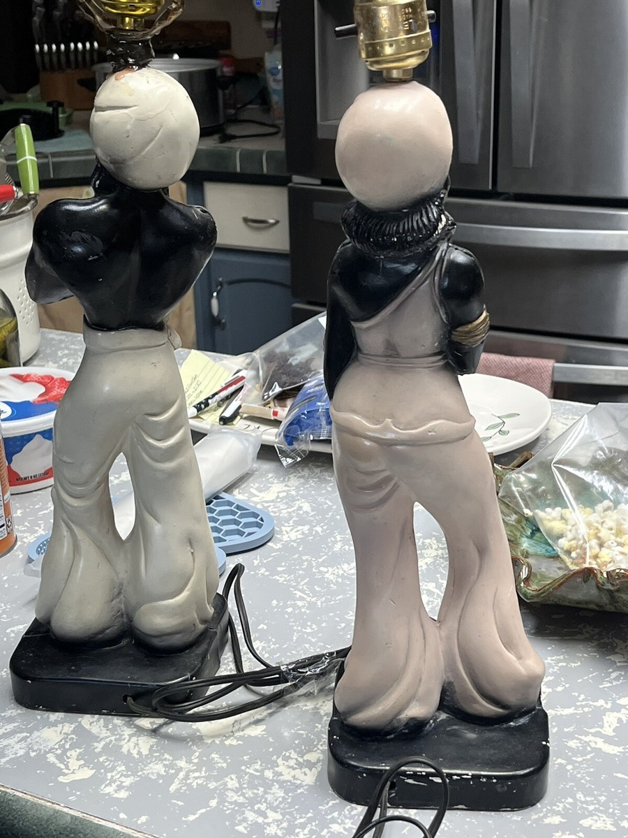 2 Working 50's MCM Pink And White Blackamoor Genie Nubian Lamps