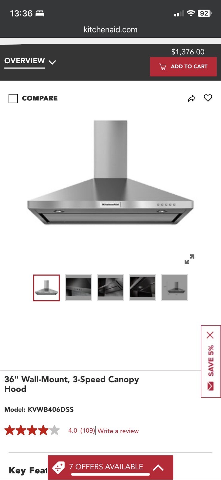 KitchenAid KVWB406DSS 36" Convertible Wall Mount Range Hood in