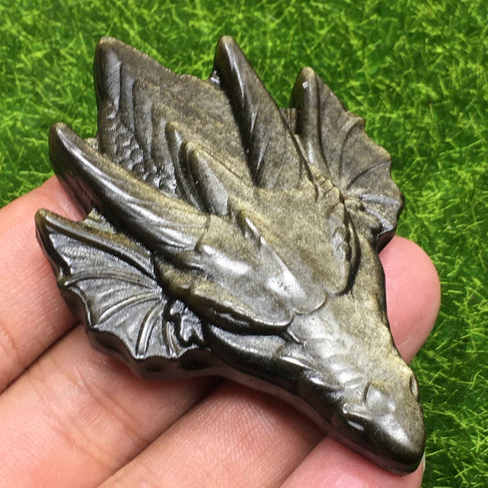 Natural Gold Obsidian Quartz Hand Carved Dragon Skull Crystal Reiki healing 1pc