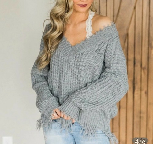 Women Winter VNeck Knitted disstressed Sweater Long Sleeve Pullover Tops Jumper - Picture 4 of 5