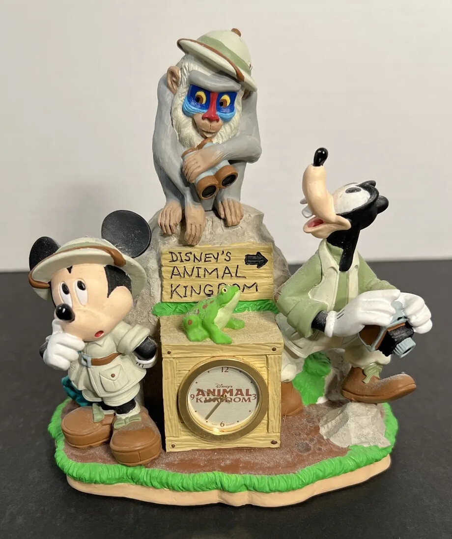 Disney’s Animal Kingdom Table Clock Mickey Mouse Rafika Goofy on Safari Jungle