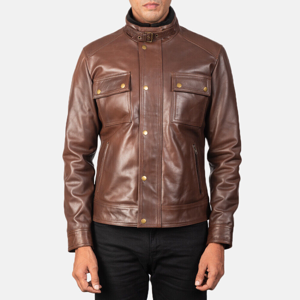 Men's Brown Slim Fit Pure Biker Leather Jacket For Men's Genuine ...