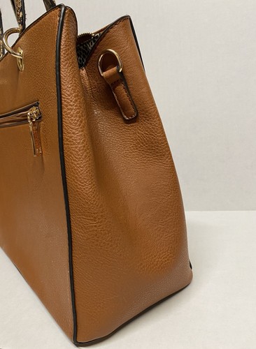 Snakeskin Accented Faux Brown Leather Handbag Purse - Picture 8 of 9