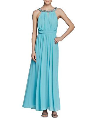 LAUNDRY ~ Turquoise Chiffon Rhinestone Neck Open Back Formal Gown 6 NEW $345
