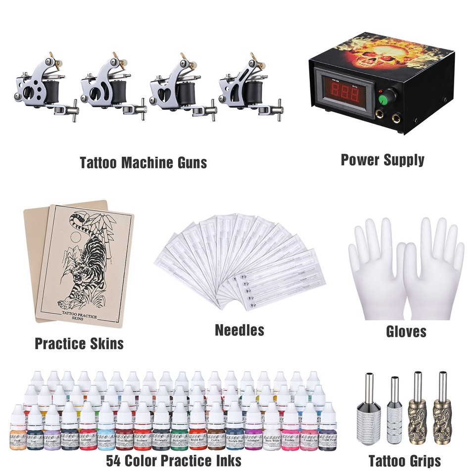 Complete Tattoo Machine Kit 4 Guns 54 Ink Power Supply Needles Grip Tip