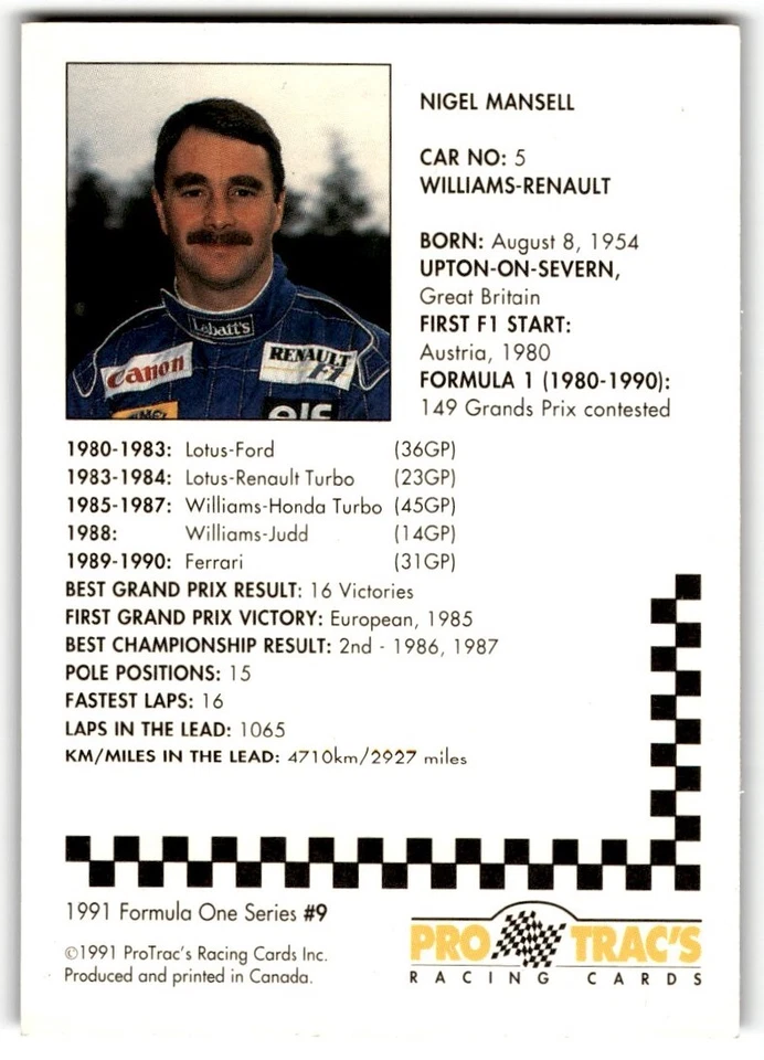 1991 Pro Trac's Formula One Nigel Mansell Rookie #9 - Image 2 of 2