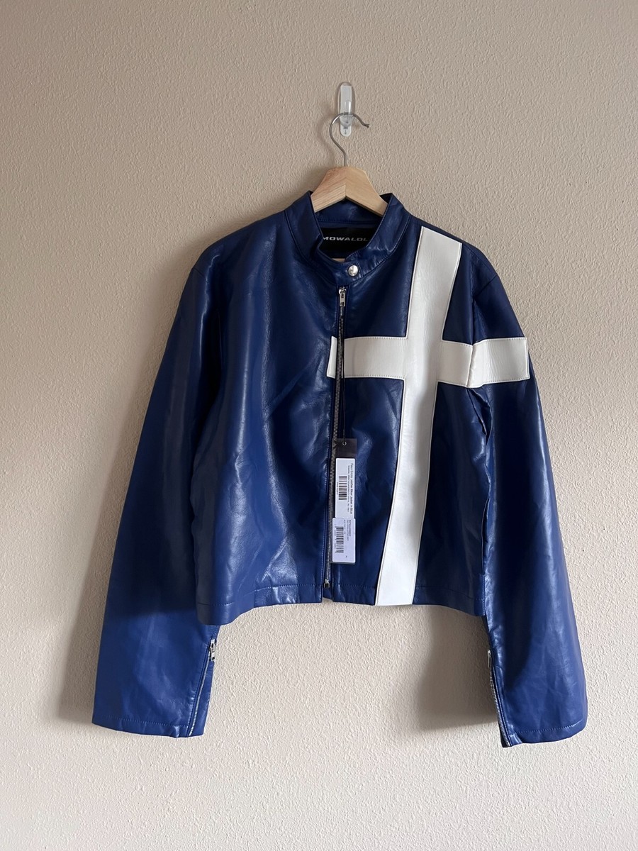Mowalola Faux Cross Leather Biker Jacket - Size XL - Blue Mowalola Faux Cross Leather Biker Jacket - Size XL - Blue