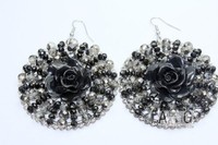 Fishhook Earings With Black Folwer In Round Shape Fishhook Earings With Black Folwer In Round Shape