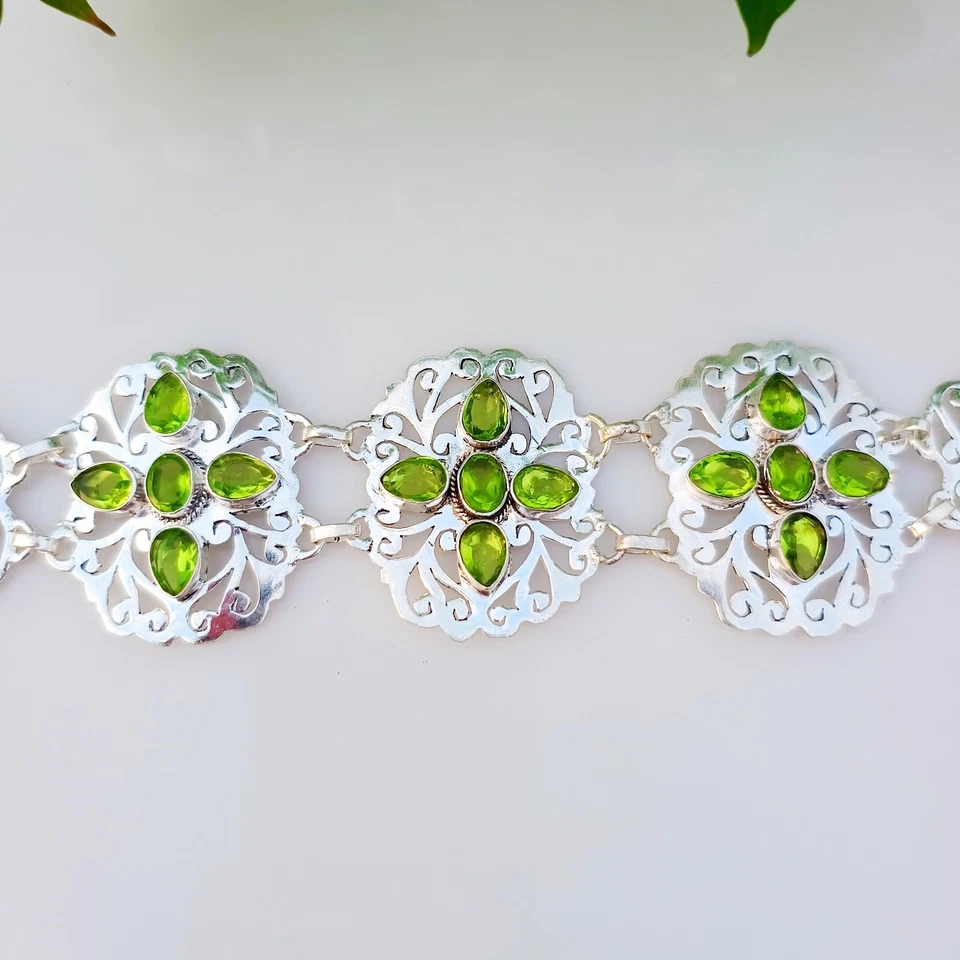 Green Peridot Gemstone Bracelet 925 Sterling Silver Handmade Adjustable Jewelry - Image 2 of 4