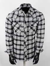 Men's Flannel Plaid Shirt Black White Western Snap Up Chest Pockets Long Sleeve