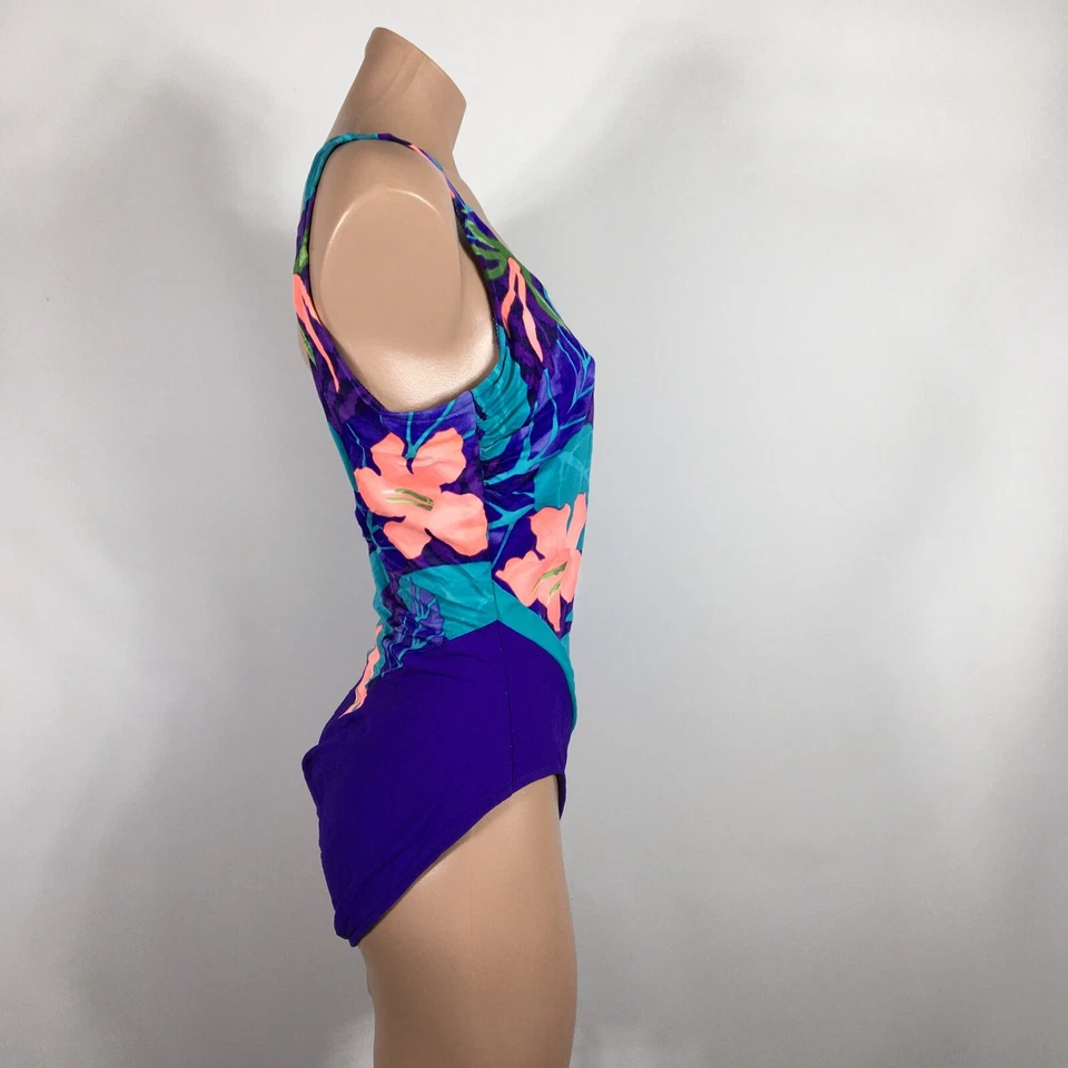 Traje de baño ajustado de una pieza de baño de colección años 80 floral neón floral sujetador incorporado talla 14 Foto 3 de 4