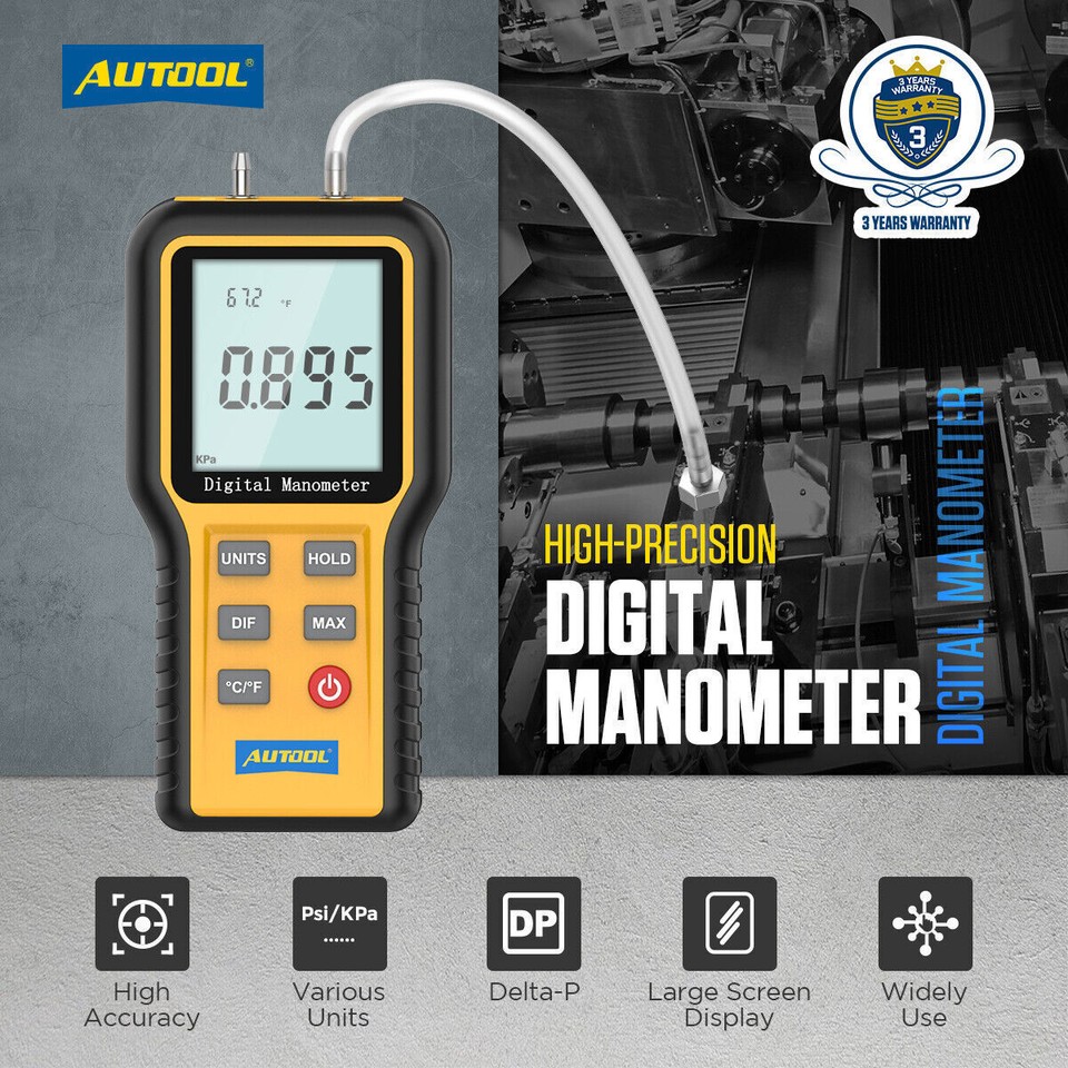 LCD Digital Manometer Dual Port Differential Air Pressure Meter HVAC
