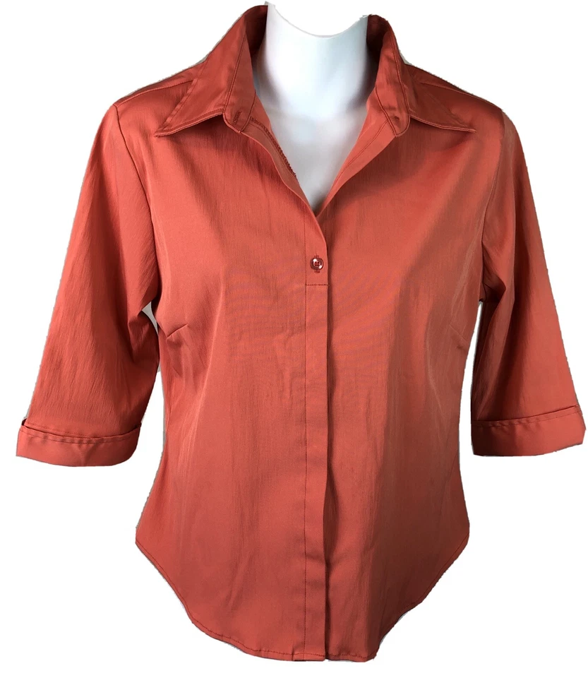 Vintage Rue 21 Top M Dk Coral 3/4 Sleeves Hidden Button Career Office 90s Y2K - Image 2 of 4
