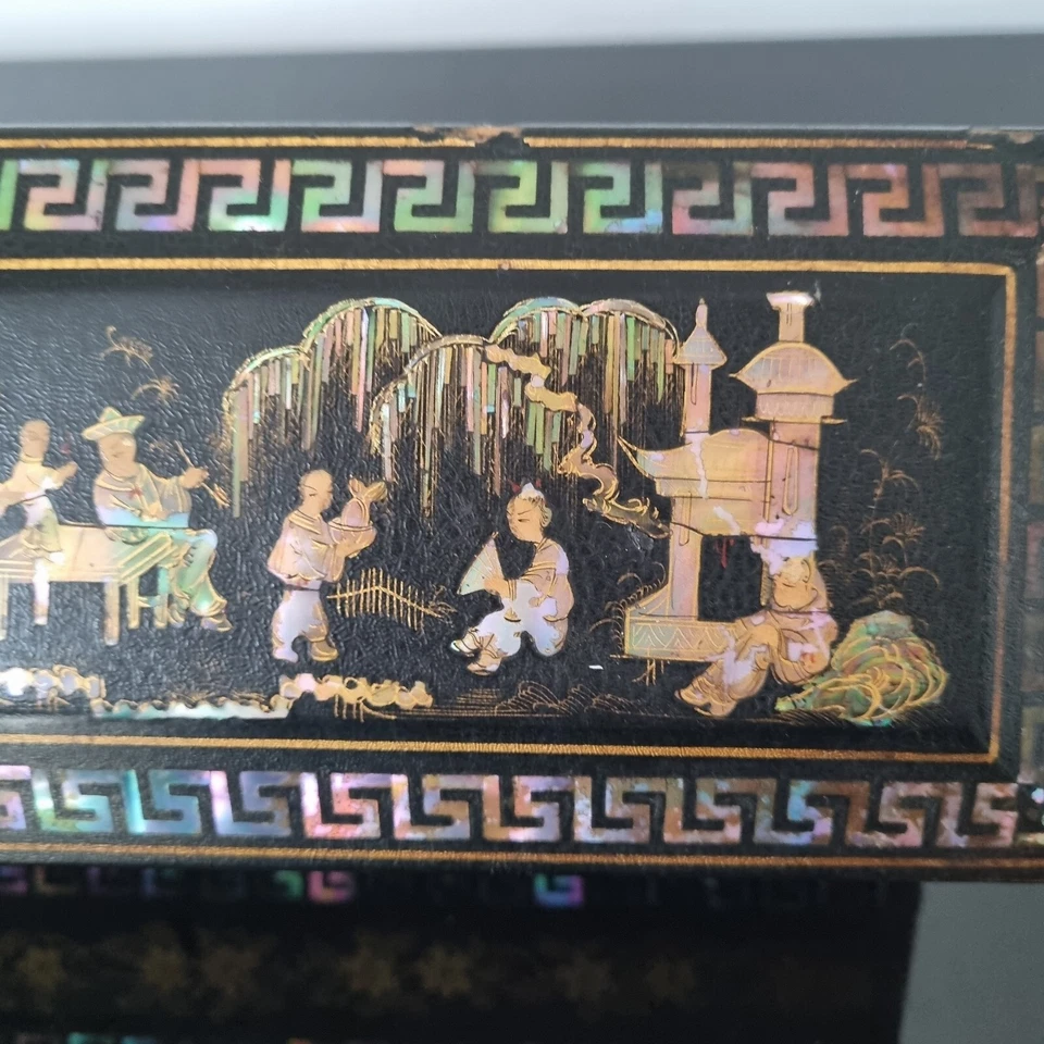 Coffret PAPIER MACHE XIXè Incrustation Nacre Burgauté Décor Chinois Capitonné - Photo 3/4