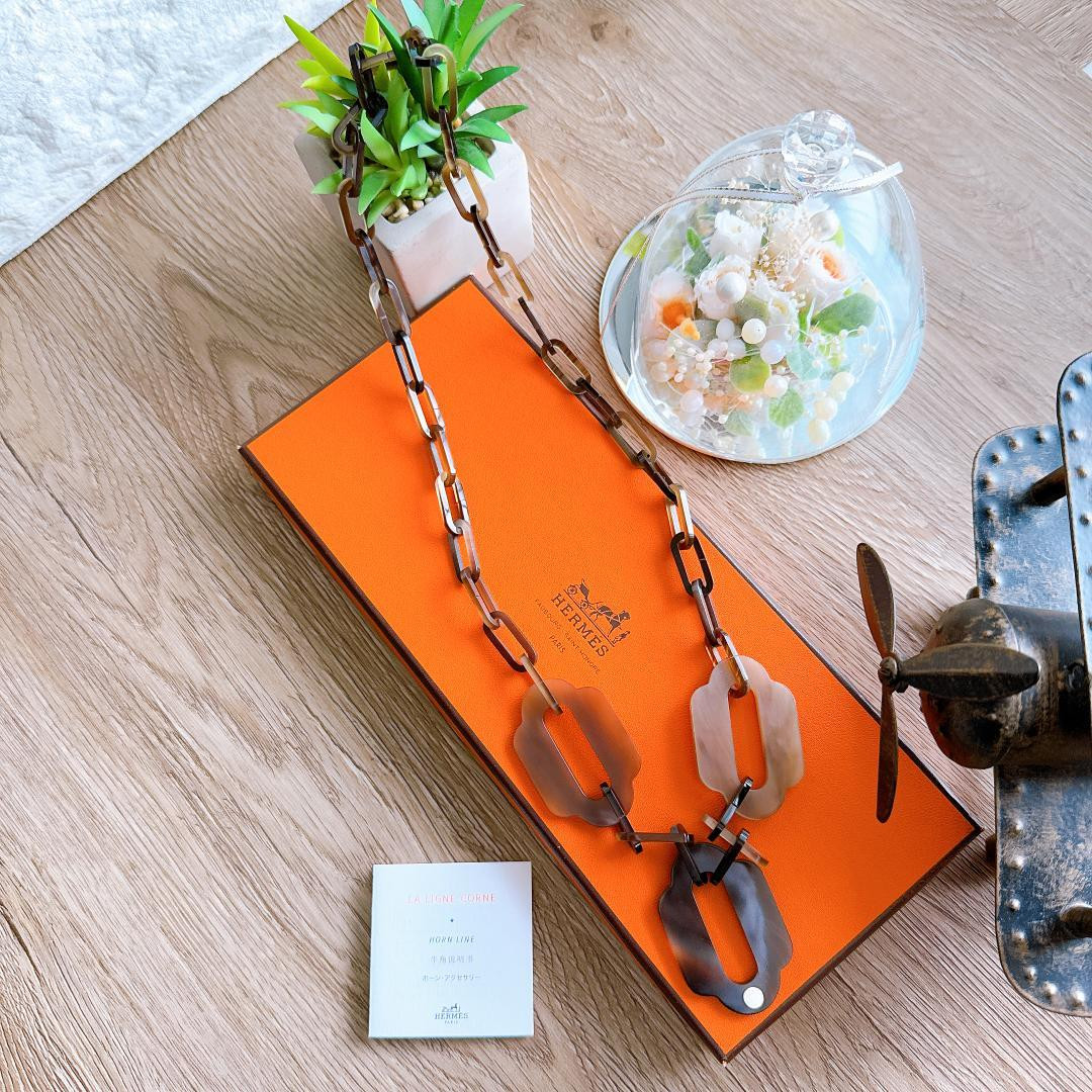 Hermes Buffalo Horn Atlage Necklace Pendant Brown