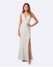 Forever New Eve after Dress 6 Silver Sequine Gown Maxi Long Sleevesless V Neck 
