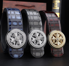 Chrome Hearts Men's Leather Belt Crystal Cross Round Buckle Luxury