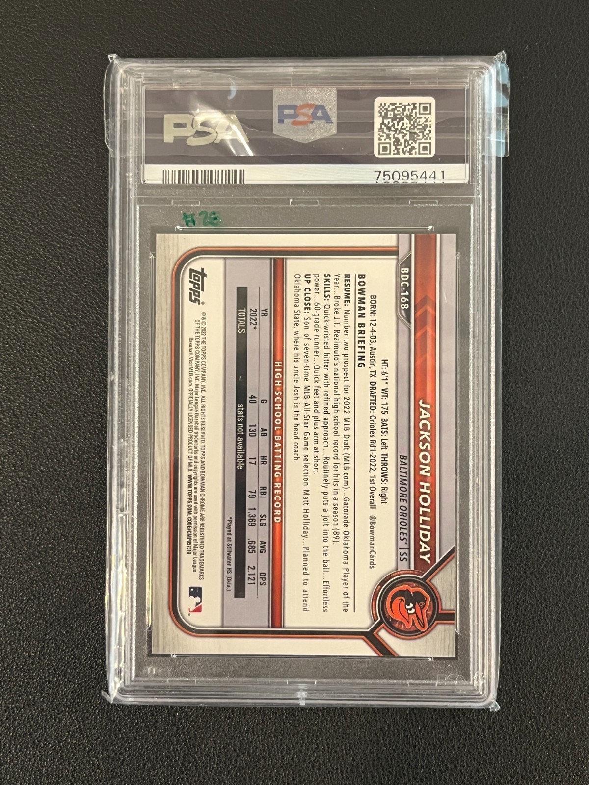 Jackson Holliday 2022 Bowman Chrome 1st PSA 10 Orioles  view 2