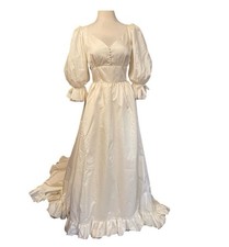 Vintage 1980  s Ivory Matte Satin Wedding Dress Boho Victorian Sleeves Long Train