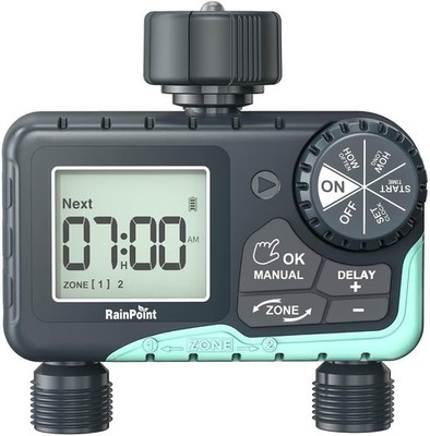2 Zone Water Timer W/ Rain Delay Programmable Irrigation Manual Control System