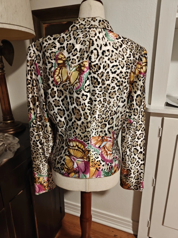 Blazer de seda ALBERTO MAKALI animal estampado mariposa para mujer talla 8 vintage  Foto 3 de 4