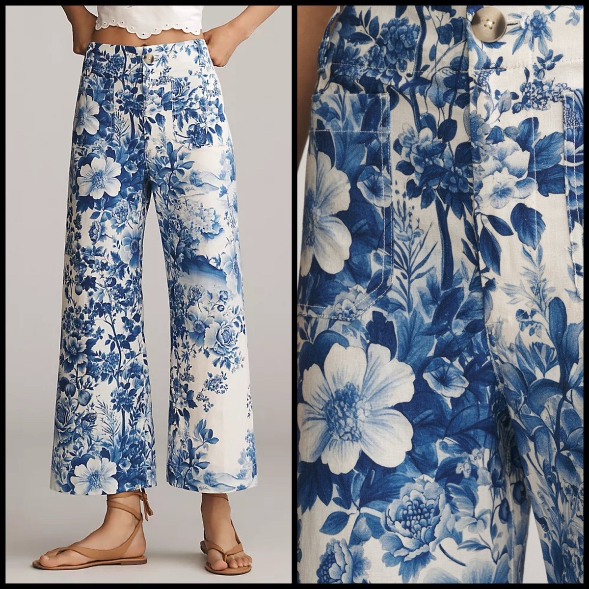 Anthropologie Colette Crop Linen Pants Wide Leg Maeve Blue Floral