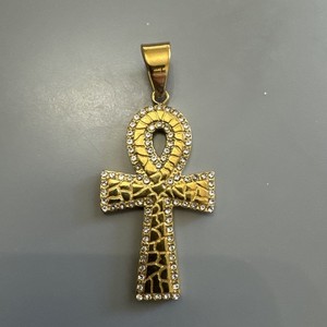 Authentic Gold Plated Cubic Zirconia Egyptian Ankh Cross Pendant Necklace