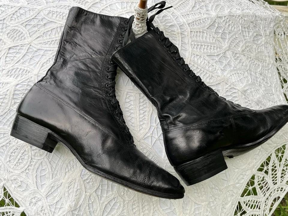 Antique Edwardian Mens Boots – 1900-1910, Black Leather Excellent Cond. - Image 2 of 4