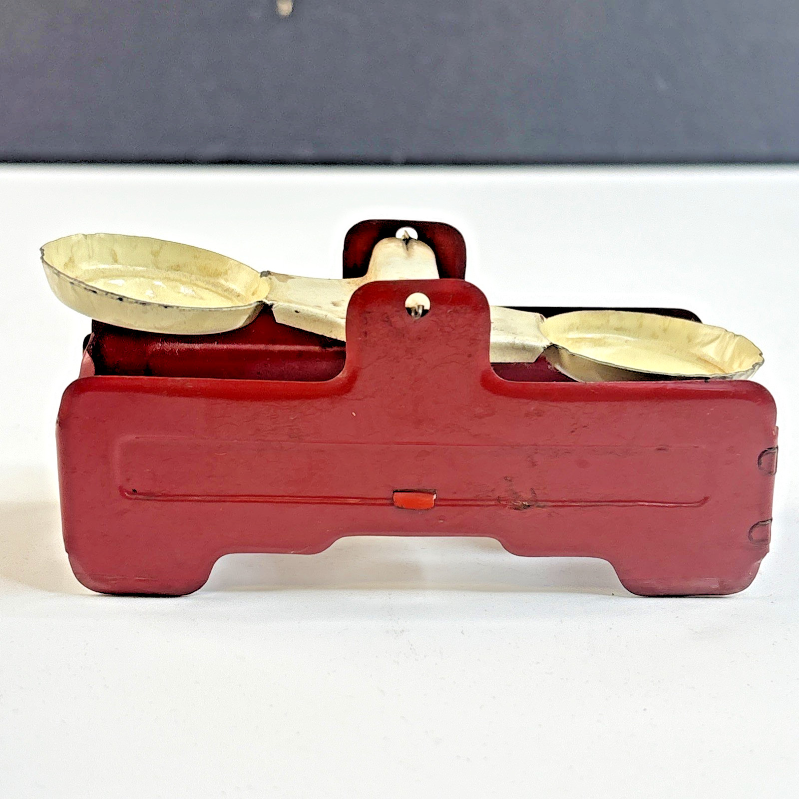 Vintage 1950's Tin Toy Balance Scale Miniature Red & White
