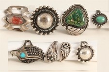 7 Vintage Native American Indian Sterling Silver Rings, Turquoise & Banded Agate