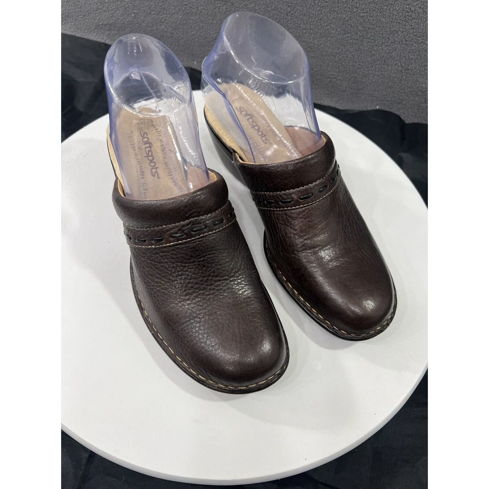 Tamancos Softspots Mules Sapatos Salto Baixo Couro Conforto Marrom Feminino Tamanho 6.5 - Imagem 3 de 4