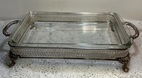 PYREX 232 - 2 QT PLATE W SILVER HOLDER BREAD OR MEAT LOAF GLASS DISH VINTAGE