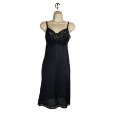 Vtg Nylon Lace Black Full Slip Dress Midi Goth Trim Romantic Intimates 6 36